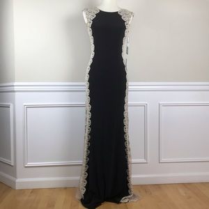 Xscape | Black gown with Gold Lace details